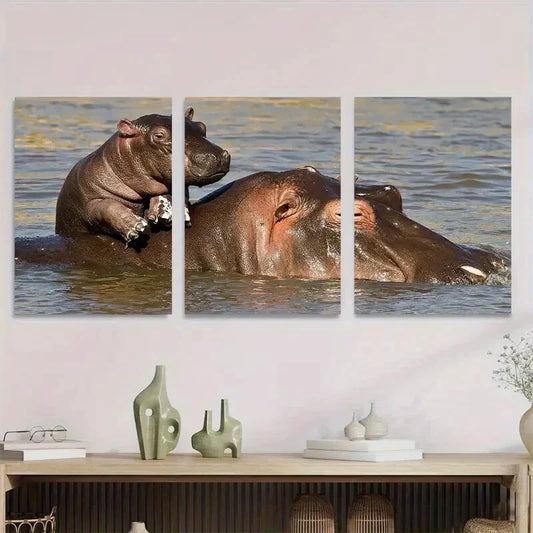 3pcs Hippo with Baby in the Lake Metal Print Ready to Hang Art