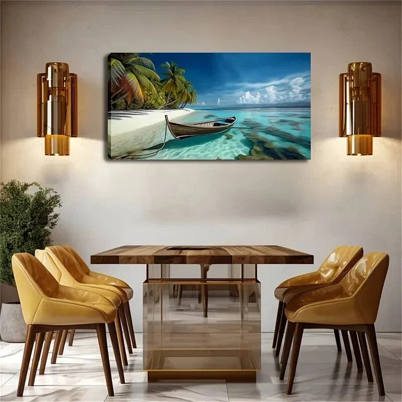 Serene Beach Scene Wooden Boat Wall Art Canvas Office Home Room Framed 120x60cm