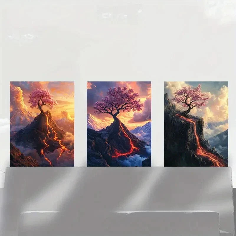 3pcs Magma Tree White Clouds Fantasy Metal Print Ready to Hang Art
