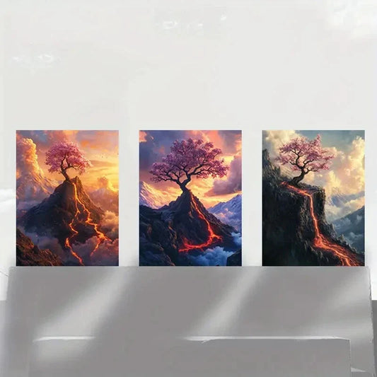 3pcs Magma Tree White Clouds Fantasy Metal Print Ready to Hang Art