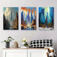 3pcs Futuristic Skyscrapers, Night Street Scene Metal Print Ready to Hang Art