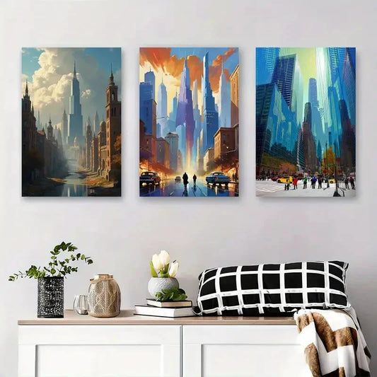 3pcs Futuristic Skyscrapers, Night Street Scene Metal Print Ready to Hang Art