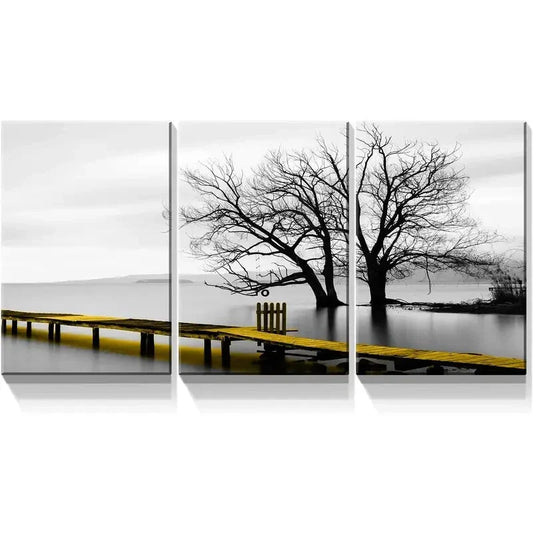 3pcs Black and White Tree & Golden Bridge   Metal Print Ready to Hang Art