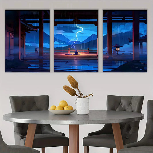 3pcs Ancient Pavilion and Lightning Scene Metal Print Ready to Hang Art