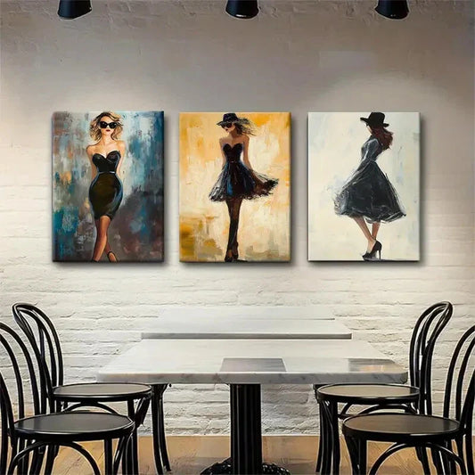 3pcs Women Black Dresses Glasses & Hats Perfect Wall Art Set Canvas Framed 40x60cm - High Quality Print 100% Australian Made Wall Canvas Ready to Hang