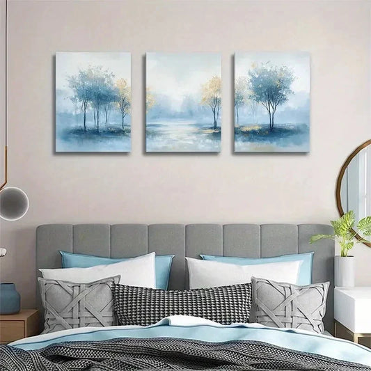 3pcs Serene Blue And Golden Tree Painting Metal Print Ready to Hang Art