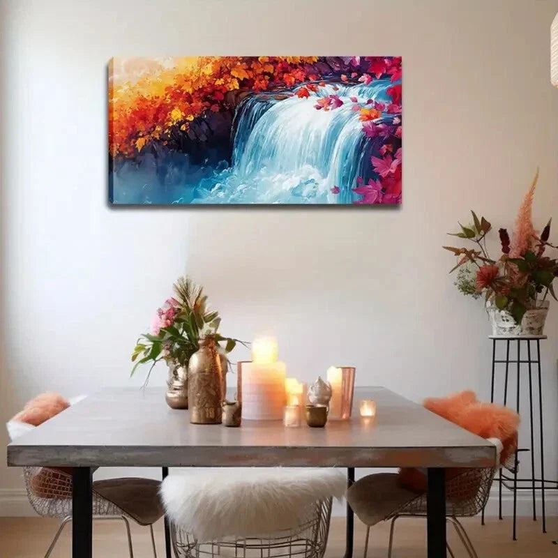 Vibrant Waterfall Scene Foliage Wall Art Canvas Office Home Room Framed 120x60cm