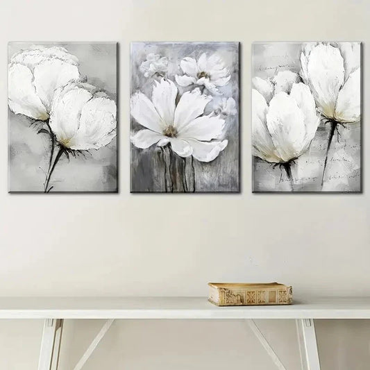 3pcs White Floral Abstract Metal Print Ready to Hang Art