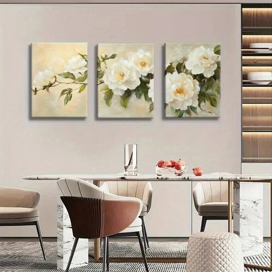 3pcs Elegant White Peony Floral Canvas Wall Art Metal Print Ready to Hang Art