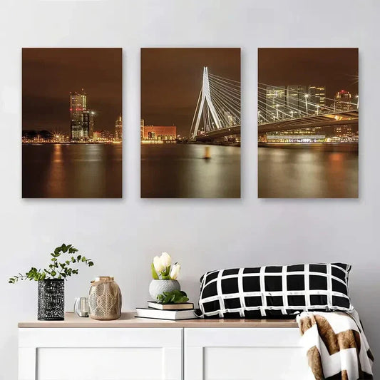 3pcs Modern Bridge and Urban Cityscape Metal Print Ready to Hang Art