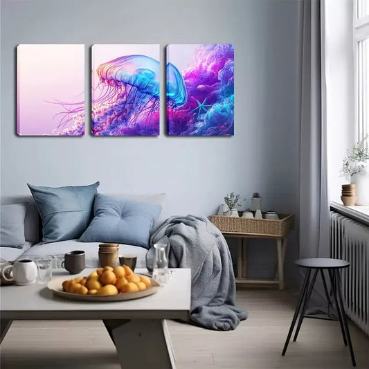 3pcs Colorful, Elf-Clear Jellyfish, Pigment  Wall Art Set Canvas Framed 40x60cm - High Quality Print 100% Australian Made Wall Canvas Ready to Hang