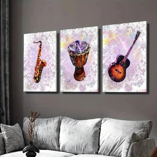 3pcs Saxophone Bass Drum Guitar Instrument Wall Art Set Canvas Framed 40x60cm - High Quality Print 100% Australian Made Wall Canvas Ready to Hang