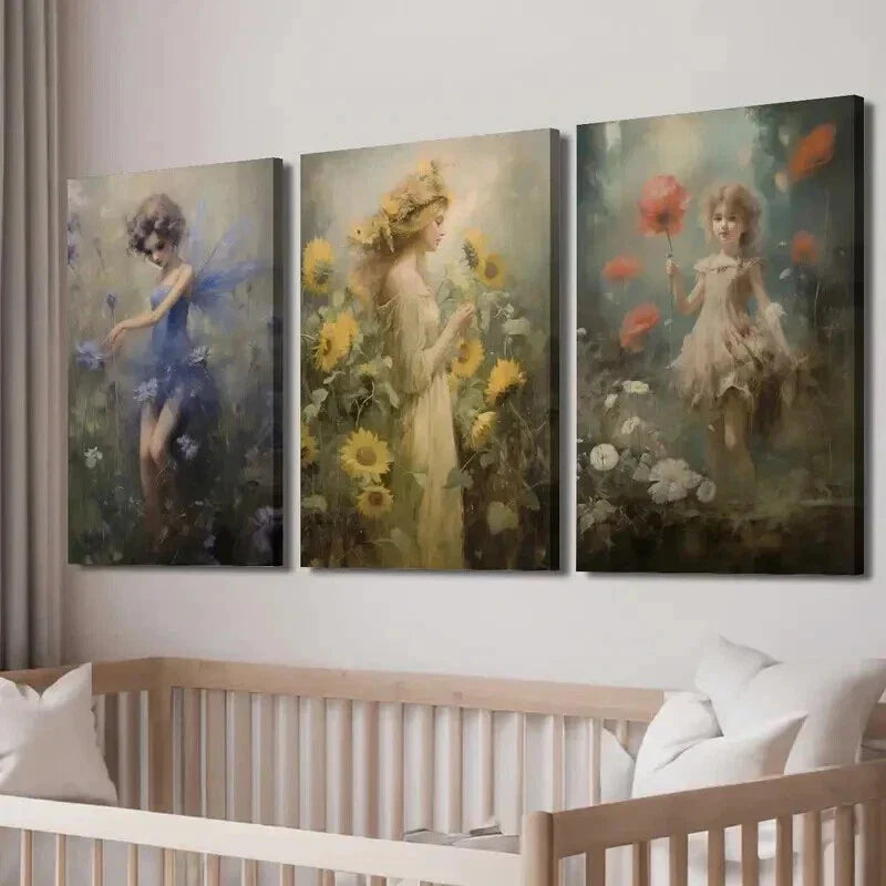 3pcs Meadow Fairy Print Vintage Fairy Mural Wall Art Set Canvas Framed 40x60cm - High Quality Print 100% Australian Made Wall Canvas Ready to Hang