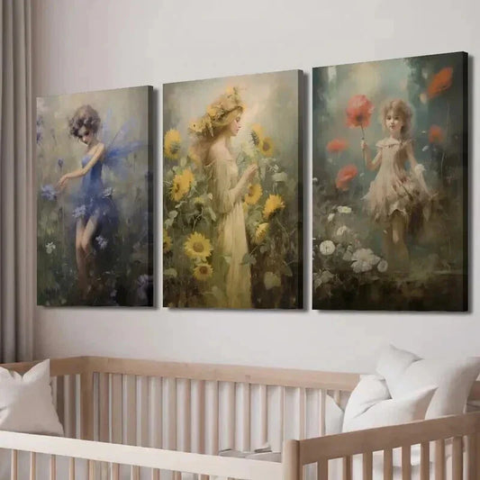 3pcs Meadow Fairy Print Vintage Fairy Mural Wall Art Set Canvas Framed 40x60cm - High Quality Print 100% Australian Made Wall Canvas Ready to Hang
