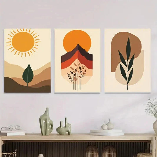 3pcs Modern Abstract Boho Sun, Mountains Metal Print Ready to Hang Art