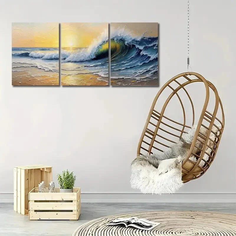3pcs Vibrant Blue Waves & Yellow Sky Coastal Metal Print Ready to Hang Art