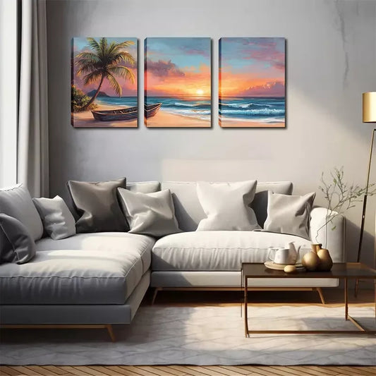 3pcs Sunshine, Beach, Small Boat, Triptych  Wall Art Set Canvas Framed 40x60cm - High Quality Print 100% Australian Made Wall Canvas Ready to Hang