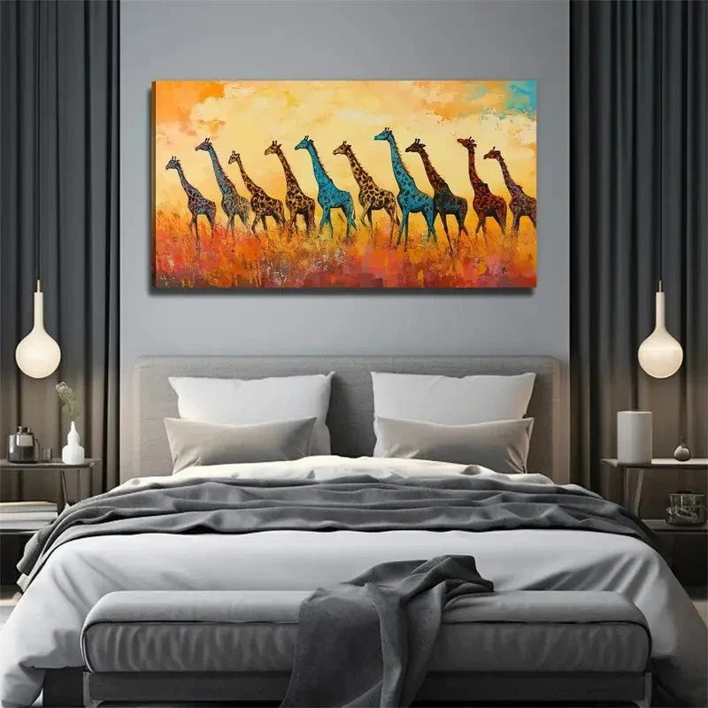 Giraffe Family Suitable Wall Art Canvas Office Home Room Framed 80x45cm
