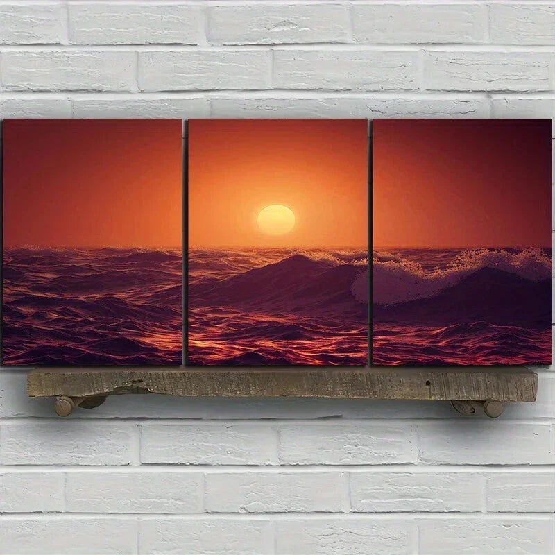 3pcs Vibrant Waves & Sky Design Ocean Sunset Metal Print Ready to Hang Art