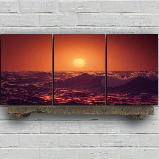 3pcs Vibrant Waves & Sky Design Ocean Sunset Metal Print Ready to Hang Art