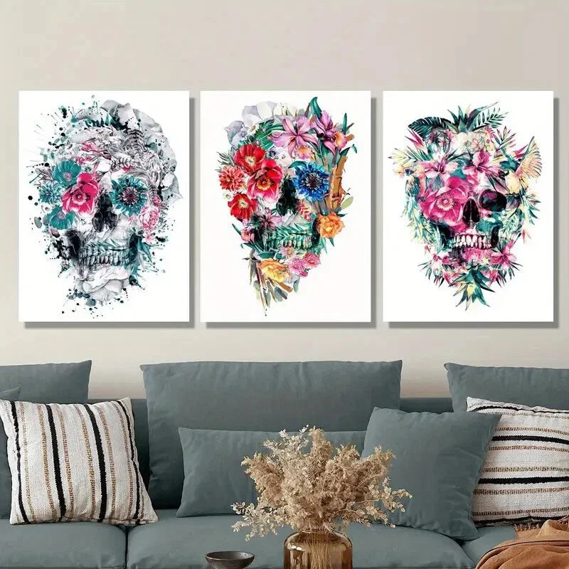 3pcs Vibrant Watercolor Floral Ink Skull Paintings  Metal Print Ready to Hang Art