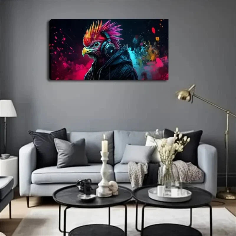 Abstract Rooster with Headphone Wall Art Canvas Office Home Room Framed 120x60cm