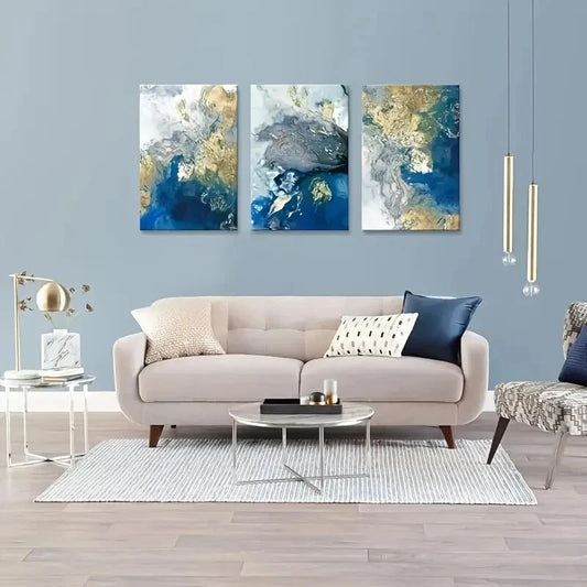 3pcs  Blue Picture Golden Teal Painting  Metal Print Ready to Hang Art
