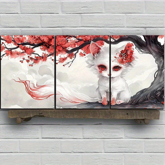 3pcs Fox with Red Blossoms Stunning Red Eyes Metal Print Ready to Hang Art