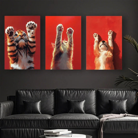 3pcs Playful Animal Paw Vibrant Metal Print Ready to Hang Art