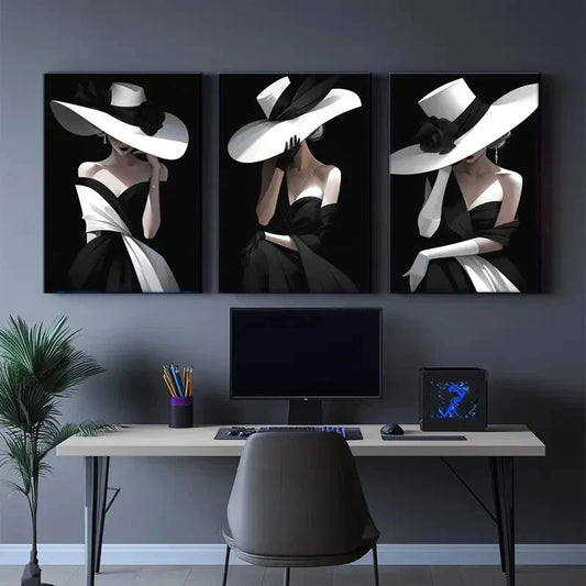 3pcs Black and White Woman with Hat Abstract Metal Print Ready to Hang Art