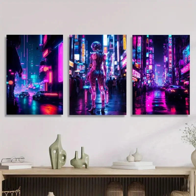 3pcs Dreamy neon city at night, robot girl  Metal Print Ready to Hang Art