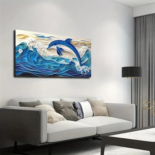 Blue Dolphin Leaping From Waves Wall Art Canvas Office Home Room Framed 120x60cm