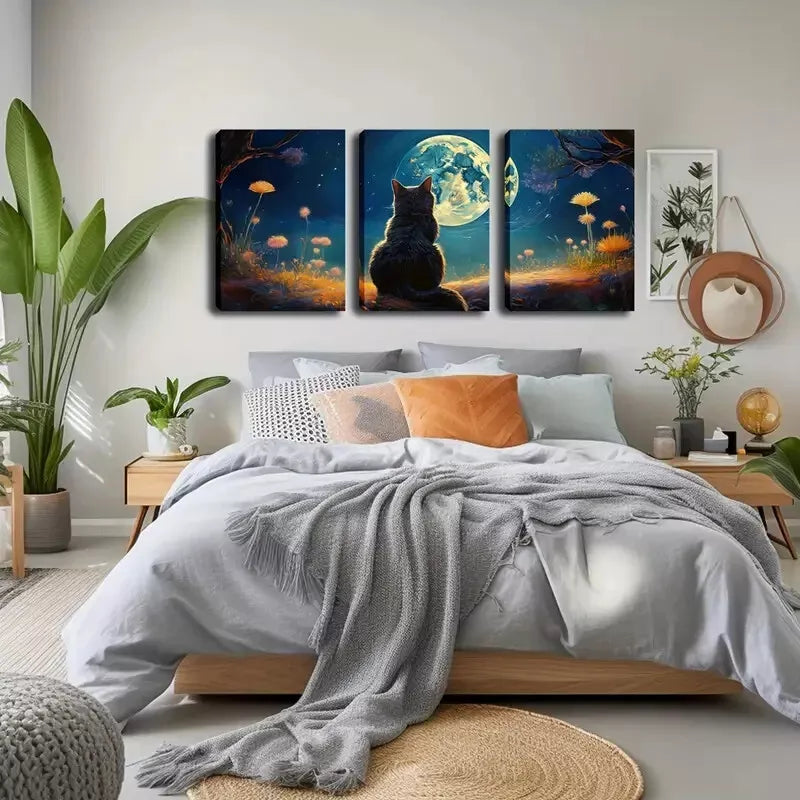 3pcs  Lucky Cat Gazing at the Moon, Wall Art Set Canvas Framed 40x60cm - High Quality Print 100% Australian Made Wall Canvas Ready to Hang