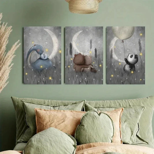 3pcs Panda Balloon, Dinosaur, and Teddy Bear Metal Print Ready to Hang Art