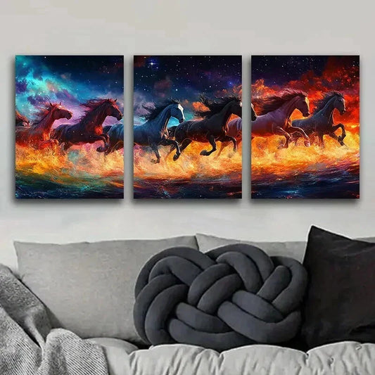 3pcs Vibrant Horses Running Darkness Perfect Wall Art Set Canvas Framed 40x60cm - High Quality Print 100% Australian Made Wall Canvas Ready to Hang