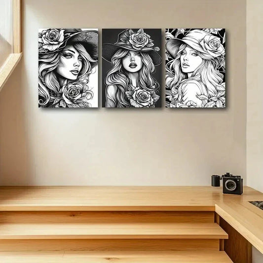 3pcs Elegant Blonde Woman with Roses Design Metal Print Ready to Hang Art