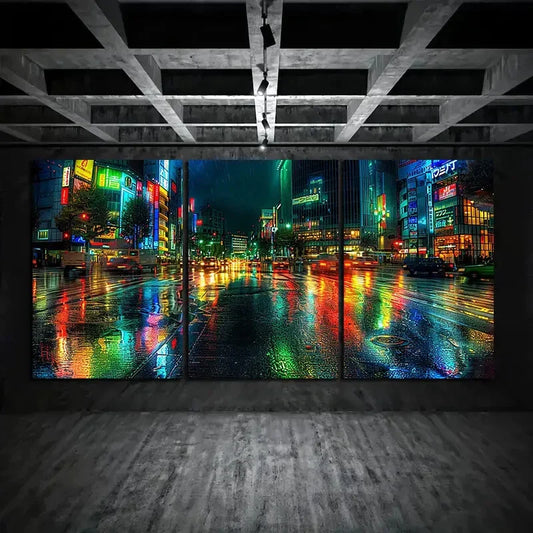 3pcs City Street Night View Modern Metal Print Ready to Hang Art