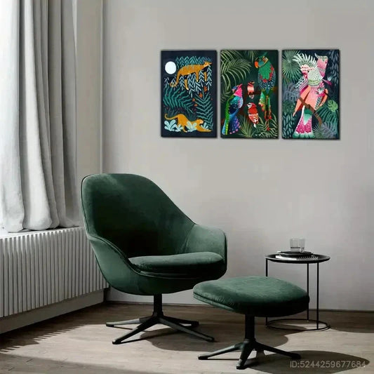 3pcs Parrot Decorative Poster Colorful Plants Metal Print Ready to Hang Art