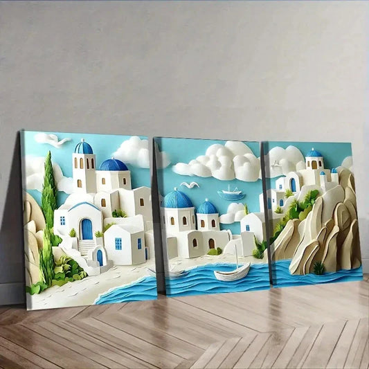 3pcs The Cyclades Islands of Greece Wall Art Set Canvas Framed 40x60cm - High Quality Print 100% Australian Made Wall Canvas Ready to Hang