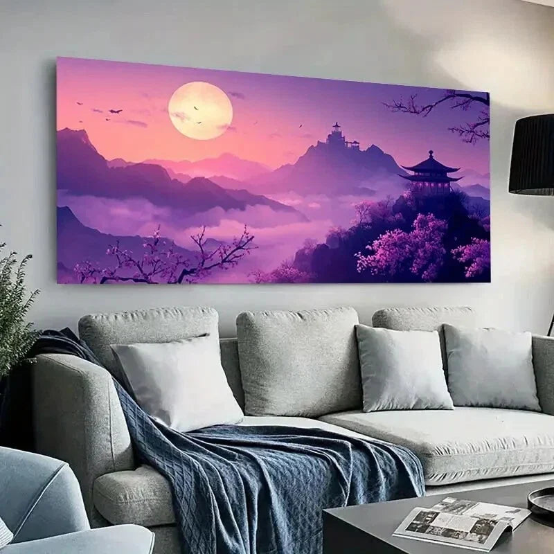 Pink Sunset Pagoda Forest wall canvas office home room framed 120x60cm