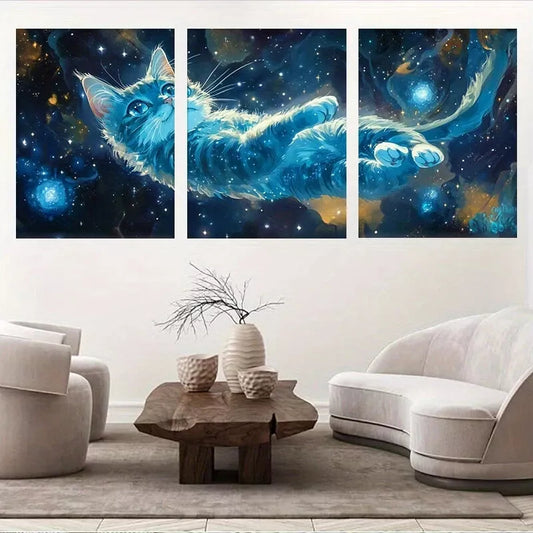 3pcs Vibrant Blue Cosmic Cat Adventure Wall Art Set Canvas Framed 40x60cm - High Quality Print 100% Australian Made Wall Canvas Ready to Hang