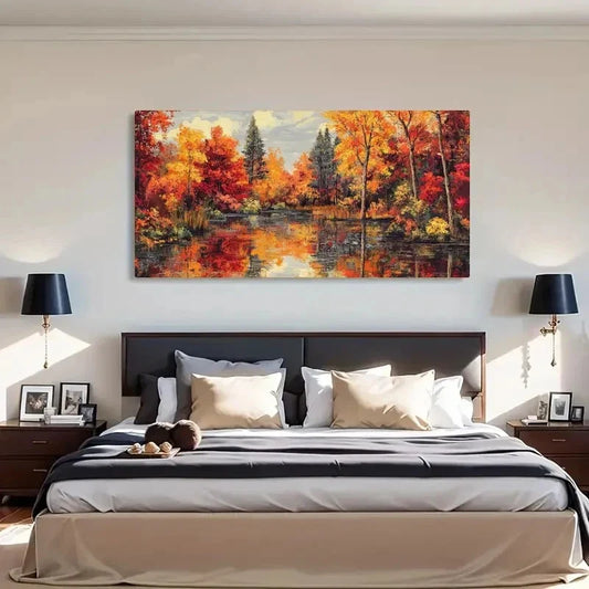 Water Reflection Autumn Foliage Wall Art Canvas Office Home Room Framed 120x60cm