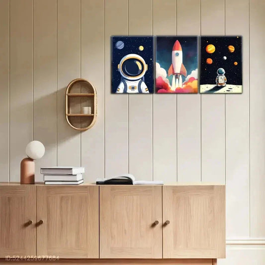 3pcs Astronaut Rocket Space Planet Simple Metal Print Ready to Hang Art