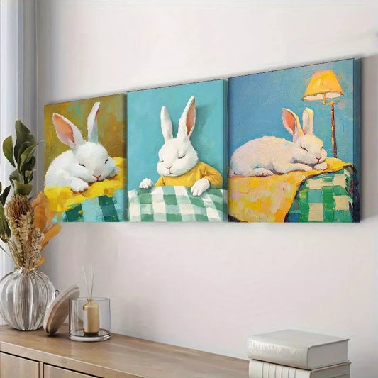 3pcs  Featuring Rabbits In A Table  Wall Art Set Canvas Framed 40x60cm - High Quality Print 100% Australian Made Wall Canvas Ready to Hang