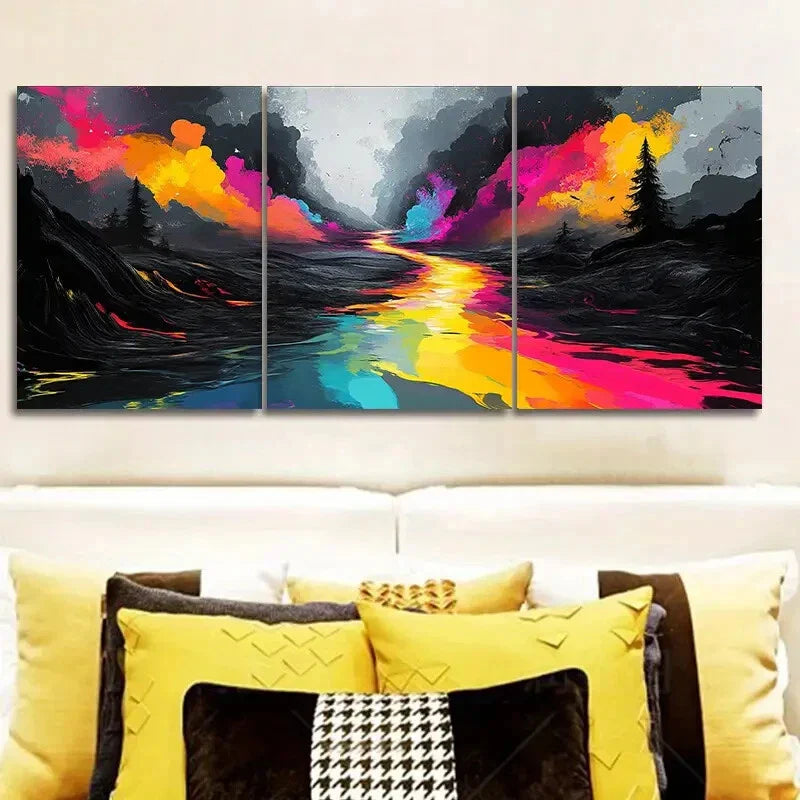 3pcs Vibrant Rainbow River Landscape Metal Print Ready to Hang Art