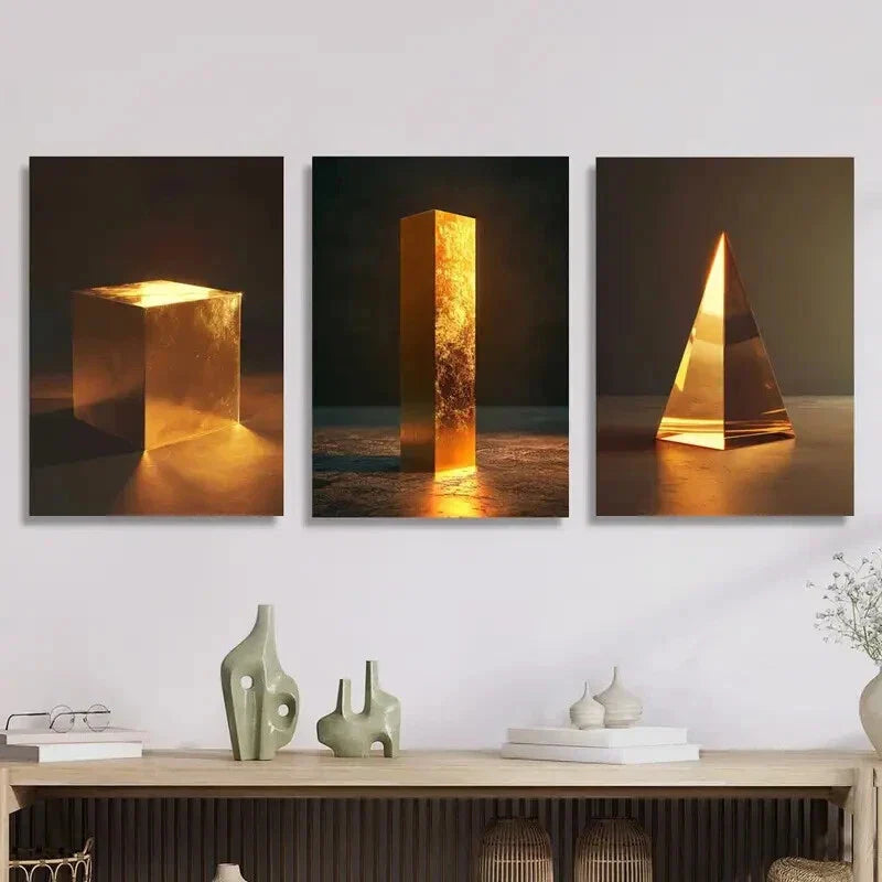 3pcs Luxurious golden cube triangle Metal Print Ready to Hang Art