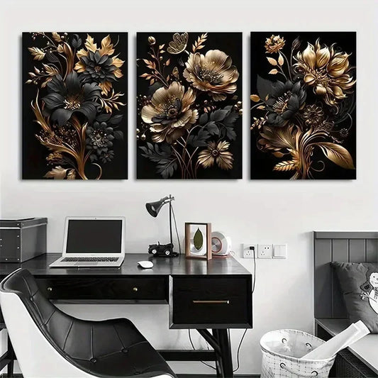 3pcs Black and Golden Floral Metal Print Ready to Hang Art
