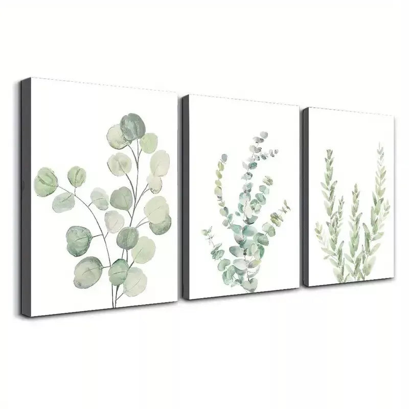 3pcs Lone Green Leaves Water Coloured Canvas Framed 40x60cm - High Quality Print 100% Australian Made Wall Canvas Ready to Hang