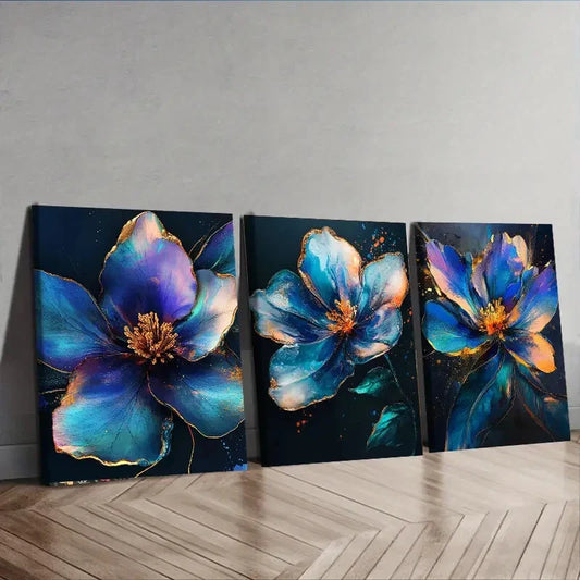 3pcs Colorful Metallic Flowers Nature Blue Wall Art Set Canvas Framed 40x60cm - High Quality Print 100% Australian Made Wall Canvas Ready to Hang