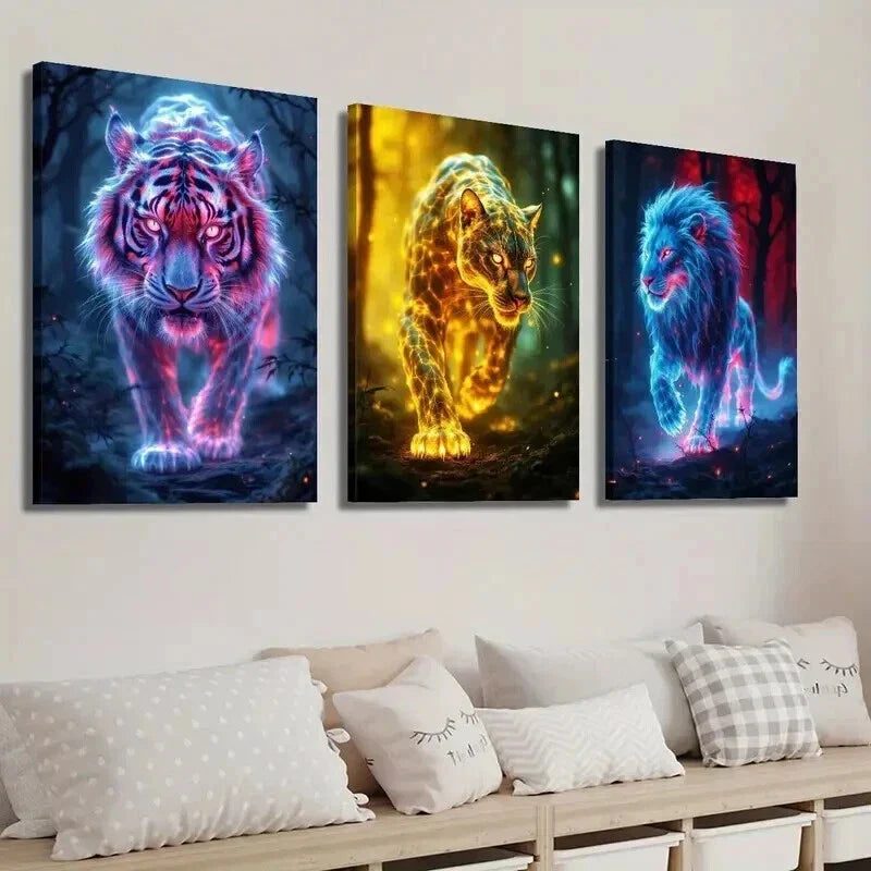 3pcs Glowing Wild Animal Tiger Cheetah and Lion Wall Art Set Canvas Framed 40x60cm - High Quality Print 100% Australian Made Wall Canvas Ready to Hang